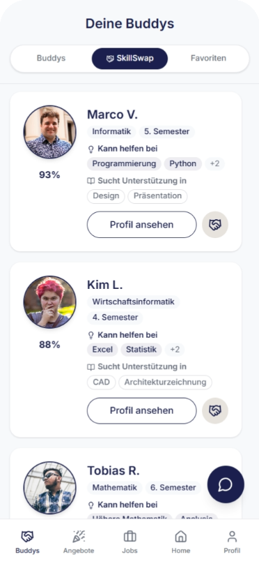 Study2Buddy Buddys- und SkillSwap-Screen mit Profilkarten