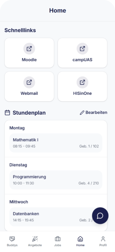 Study2Buddy Home-Screen mit Schnelllinks und Stundenplan
