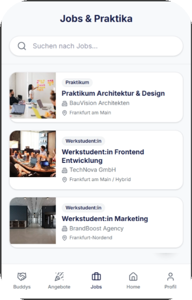 Study2Buddy Jobs & Praktika Screen mit Stellenanzeigen